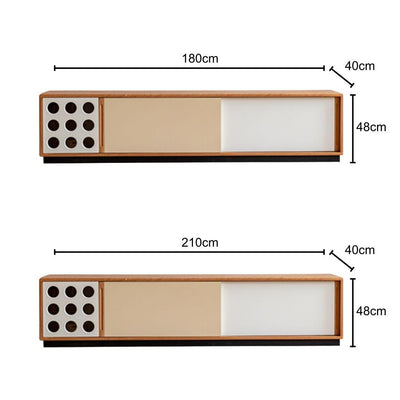 Dimensions of a wooden shelf with compartments on a white background