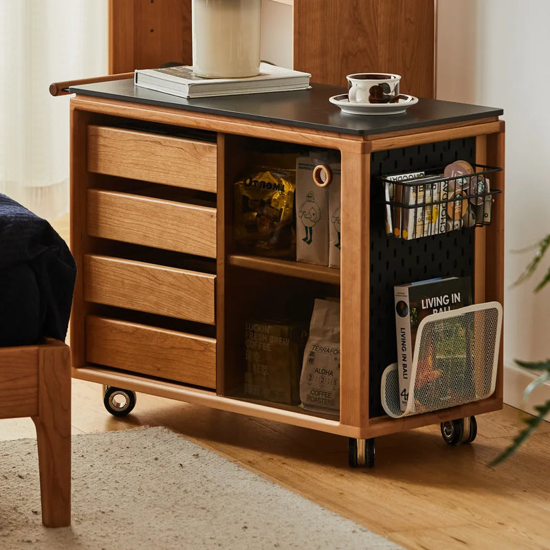Ethan Cherry Wood Bar Cart With Wheels