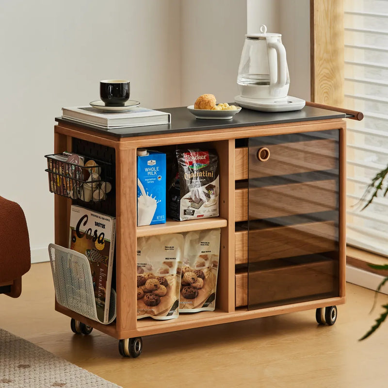 Ethan Cherry Wood Bar Cart With Wheels