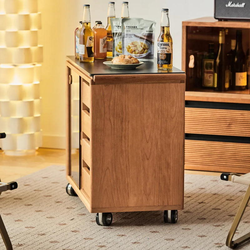 Ethan Cherry Wood Bar Cart With Wheels