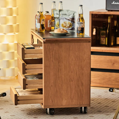 Ethan Cherry Wood Bar Cart With Wheels