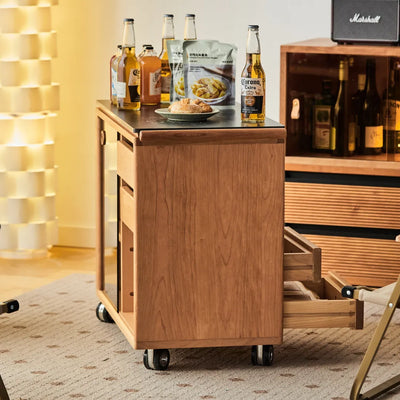 Ethan Cherry Wood Bar Cart With Wheels