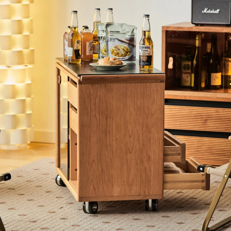 Ethan Cherry Wood Bar Cart With Wheels