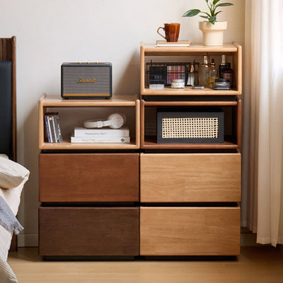 Wooden dresser with shelves and drawers in a room setting
