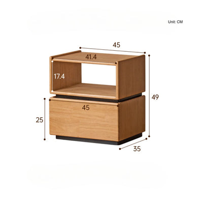 Wooden nightstand with dimensions labeled in centimeters
