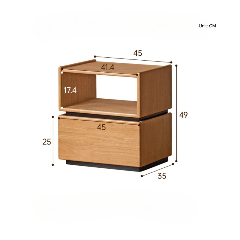 Wooden nightstand with dimensions labeled in centimeters