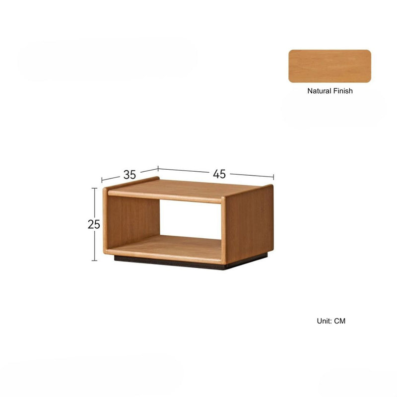 Wooden side table with dimensions labeled on a white background