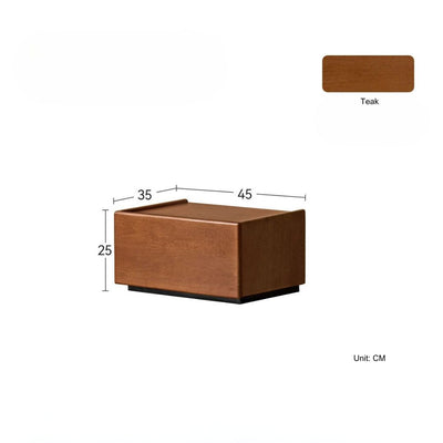 Wooden cube with dimensions and teak color swatch on a white background