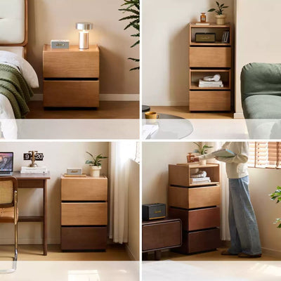 Collage of wooden furniture pieces including a nightstand, bookshelf, and desk in a room setting.